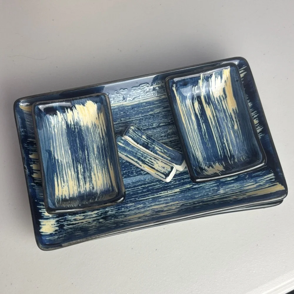 Elegant Royal Blue and Cream Ceramic Sushi Plate Serving Set